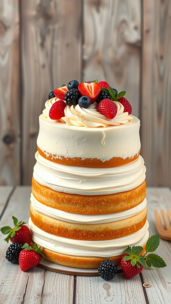 A stunning three-tiered vanilla bean buttercream cake decorated with fresh berries and swirls of frosting, presented on a rustic wooden table.
